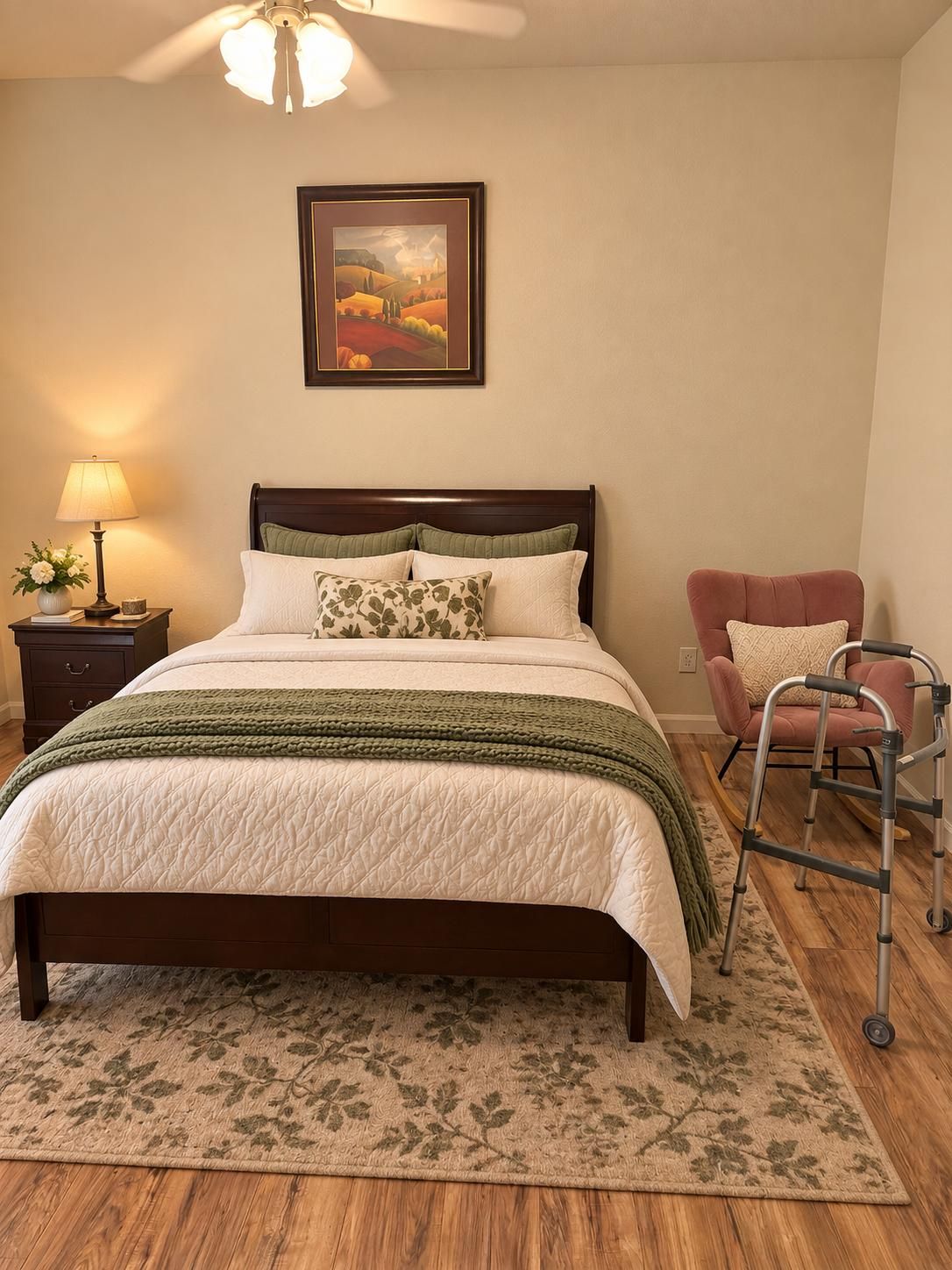 A resident bedroom with a wooden bed, reading lamp and armchair
