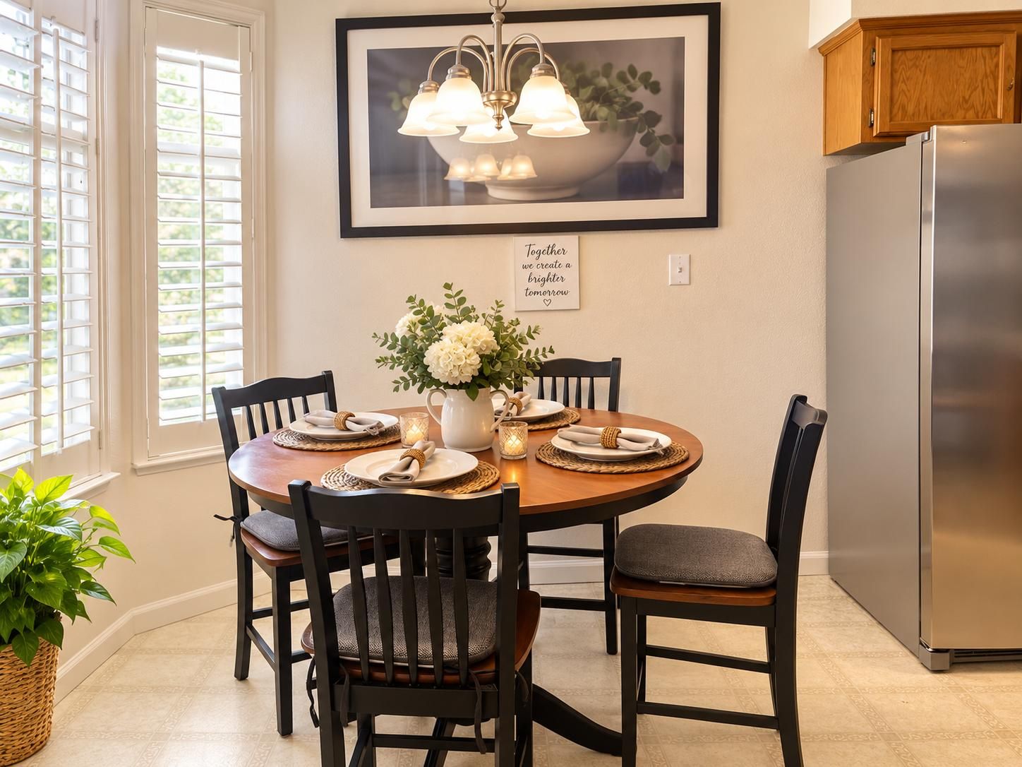 The dining area, with a round table set for four