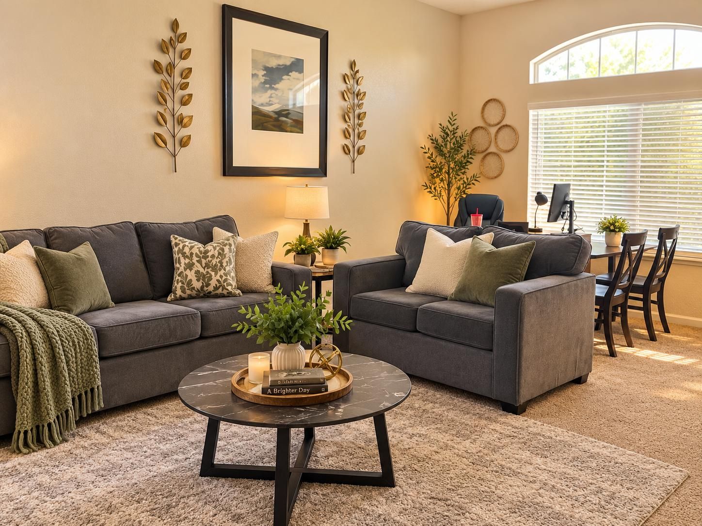 The living room, with two sofas, soft lamplight and a rug